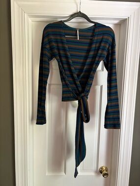 Free people Striped Wrap Tie-Front Long Sleeve Top - Teal & Brown